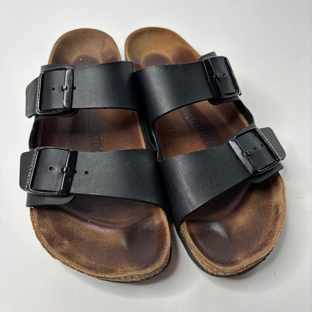 Birkenstock FLAWED Arizona Black Birko-Flor Double Strap Cork Slide Sandals 39 8